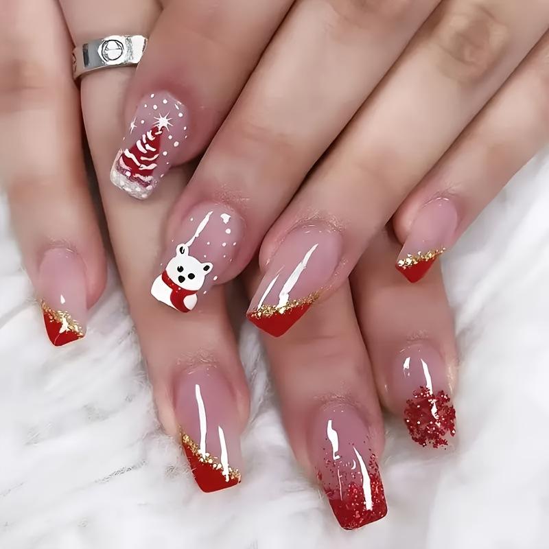 ネイルチップ 貼るタイプ スクエア ミディアム丈 光沢 グロッシー アニマル柄 クリスマス柄 かわいい インスタ風 レッド 付け爪