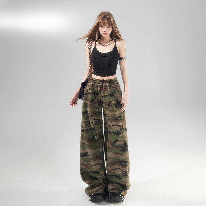パンツ レディース ドレープ感 落ち感 ウエストゴム ハイウエスト デニム ワイドパンツ フレアパンツ ゆったり ルーズ 微ストレッチ 綿混 ロング丈 マキシ丈 超ロング 迷彩柄 カモフラ アメカジ風 ヴィンテージ 大人カジュアル きれいめ リラックス