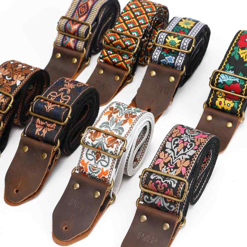 ギターストラップ エスニック ジャガード織り 刺繍 S85シリーズ 本革 レザーエンド アコースティック エレキ ベース 兼用 調節可能 ブラウン コーヒーカラー 楽器用 肩掛け ベルト