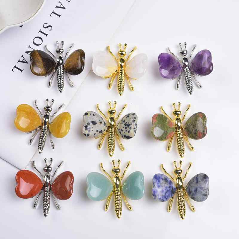 Ornaments - 置物 天然水晶 宝石 ハート型 蝶々 トンボ 瑪瑙 翼 ミニチュア動物 アメジスト ローズクォーツ タイガーアイ 各種天然石 DIY クラフト インテリア飾り