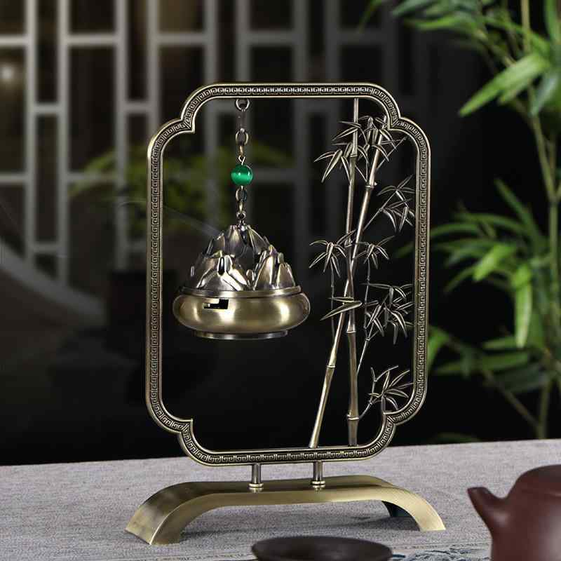 incense Burners - お香立て 新中華風 緑竹 縁起物 吊り下げ式 金属製 ブロンズカラー 置物 家庭用 書斎 茶室 玄関 インテリア 沈香 白檀 巻線香用