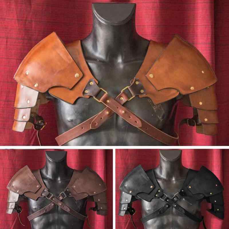 コスプレ道具 中世風 バイキング 戦士 ショルダーアーマー 肩当て プロテクター PUレザー 合成皮革 ブラック ダークブラウン イエローブラウン ハロウィン 仮装 衣装 イベント