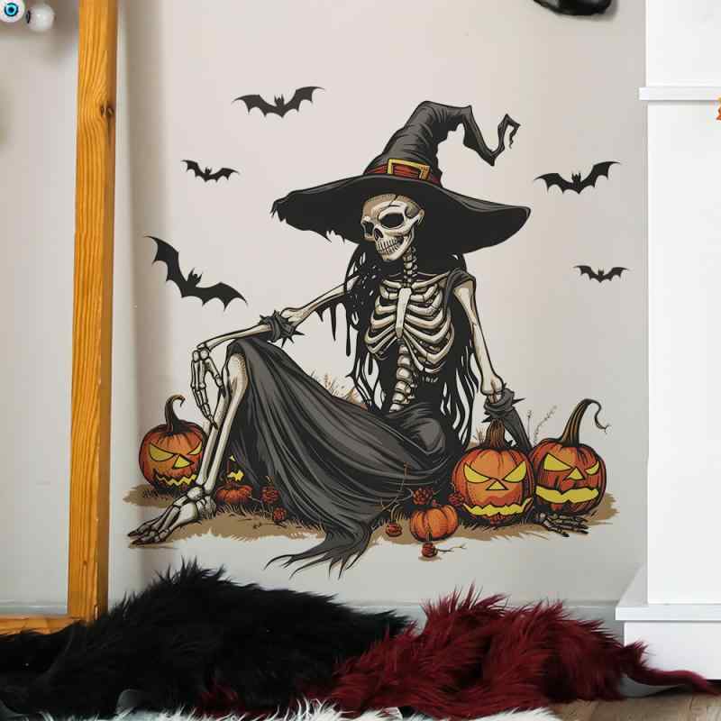 ウォールステッカー ハロウィン 魔女 骸骨 スケルトン パンプキン カボチャ コウモリ バット リビング 玄関 寝室 書斎 店舗 壁面 デコレーション シール PVC製 簡単貼り付け 雰囲気作り secure-depo-11023072 セキュアデポ パッケージ画像