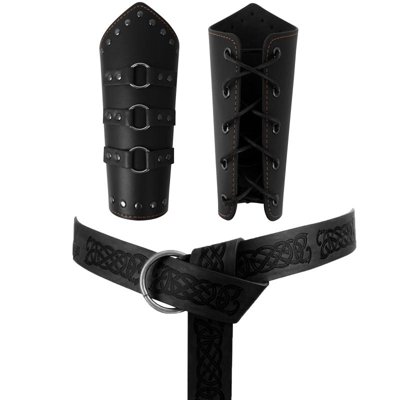 コスプレ 大人用 中世 ヴァイキング ルネサンス 戦士 衣装 レザー アームガード 革製 ベルト ブラック ..