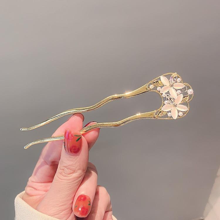 かんざし 簪 U字型 猫目石 上品 高級感 和風 モダン ヘアアクセサリー 髪飾り まとめ髪 アップスタイル パーティー 結婚式 デイリー お呼ばれ レトロ クラシック エレガント 万能 オールシーズン