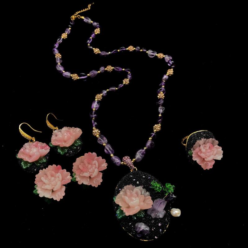 アクセサリー 女性用 オリジナルデザイン 中華風 牡丹の花 ネックレス 指輪 イヤリング 合金 3点セット 上品 エレガント フォーマル デート パーティー 普段使い