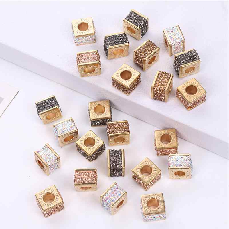アクセサリー ジルコニア キューブ ペンダント ゴールドカラー 大穴ビーズ 合金製 埋め込み ラインストーン DIY ハンドメイド ブレスレット ネックレス アクセサリーパーツ