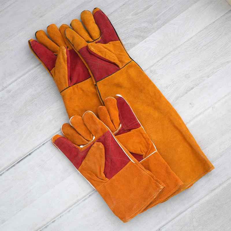 溶接手袋 作業グローブ 溶接工向け 保護 耐熱 耐摩耗 牛床革 レザー ロングタイプ 高温作業 ソフト シームレス 安全 黄 プロ仕様 建築 建設 工場 DIY向け