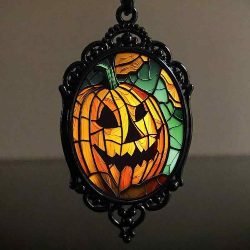 ネックレス ユニセックス ブラック ガラス浮き彫り 合金 クラシック レトロ ゴシック ハロウィン パンプキン 魔法の鏡 ペンダント 十字チェーン