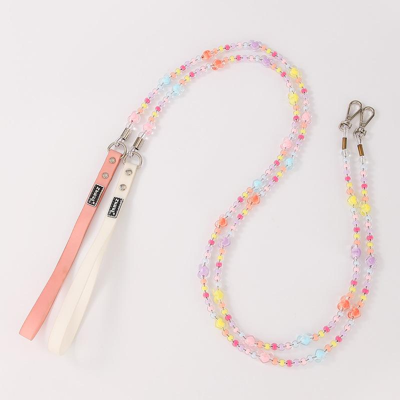 Collars, Harnesses, Leashes - ペット リード カラフル ビーズ装飾 ワイヤーロープ PU素材 丈夫 耐久性 散歩 お出かけ 犬猫兼用 おしゃれ かわいい 引き紐 軽量 安全 ホワイト ピンク 小型犬 中型犬
