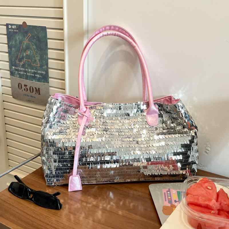 Handbag - バッグ スパンコール きらめき 光沢 PUレザー 欧米トレンド おしゃれ スクエア トート ショルダーバッグ ワンショルダー 肩掛け 春夏 普段使い デイリーユース シルバー グリーン ピンク ブラック