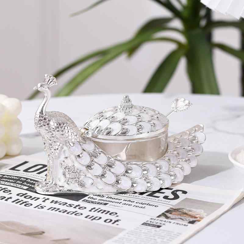 調味料入れ ヨーロピアン クジャク柄 シュガーポット 砂糖入れ 合金 ガラス製 密閉 防湿 スプーン一体..