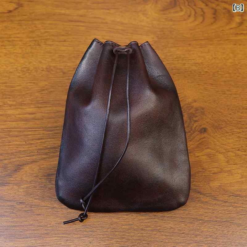 小銭入れ ユニセックス 本革 牛革 ヌメ革 レザー 巾着型 ドローストリング コインケース ミニ財布 ウォレット 欧米 レトロ調 アンティーク加工 携帯用 小物入れ カジュアル デイリー 普段使い