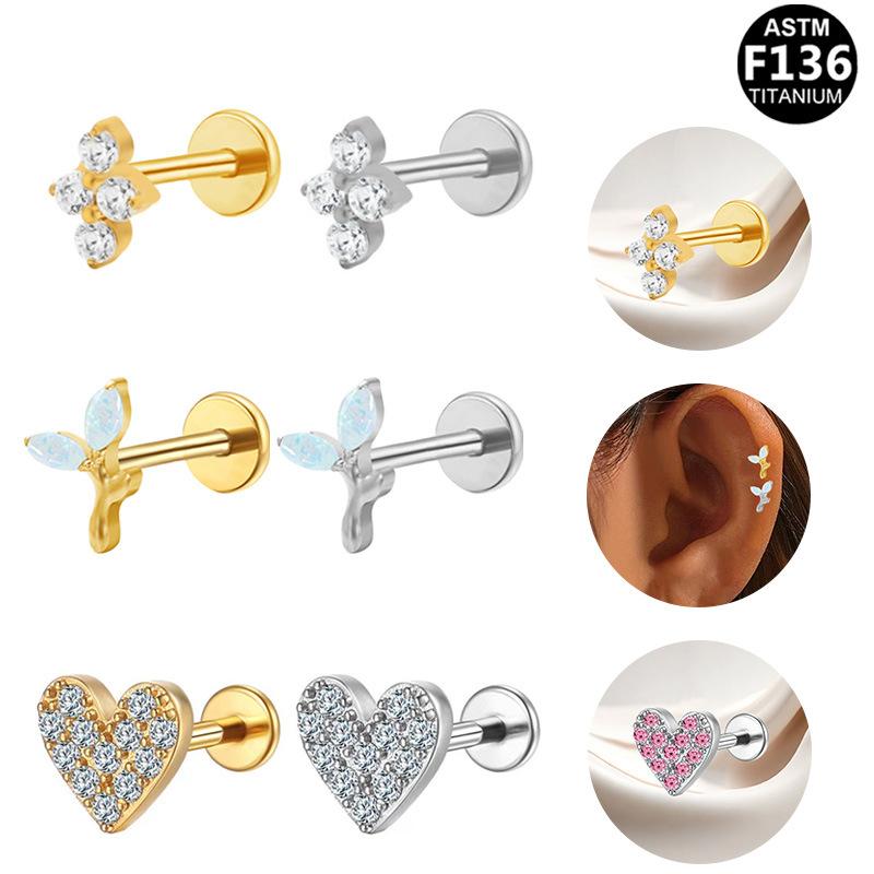 Body Earrings - 軟骨ピアス ユニセックス G23 F136 チタン合金 ハート スター リボン スクエア 電気メッキ加工 インターナル 内ネジ式 フラットバック リップピアス シンプル カジュアル 普段使い ボディピアス