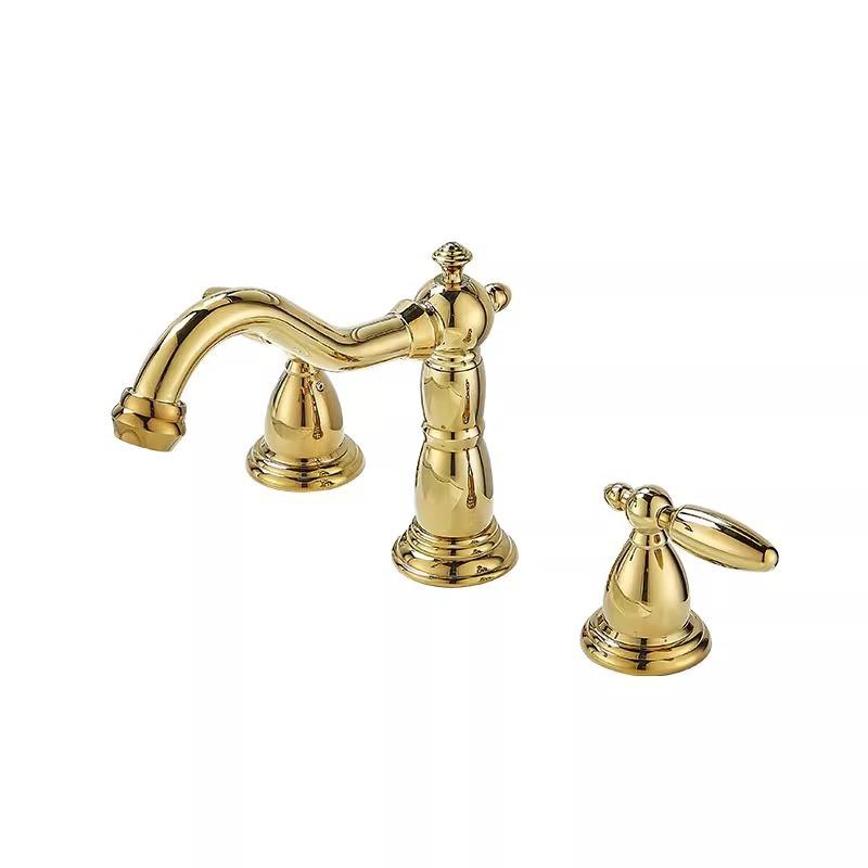 水栓 蛇口 フレンチレトロ ヴィンテージ 三つ穴 洗面台用 真鍮製 混合水栓 ダブルハンドル 分離型 ゴー..