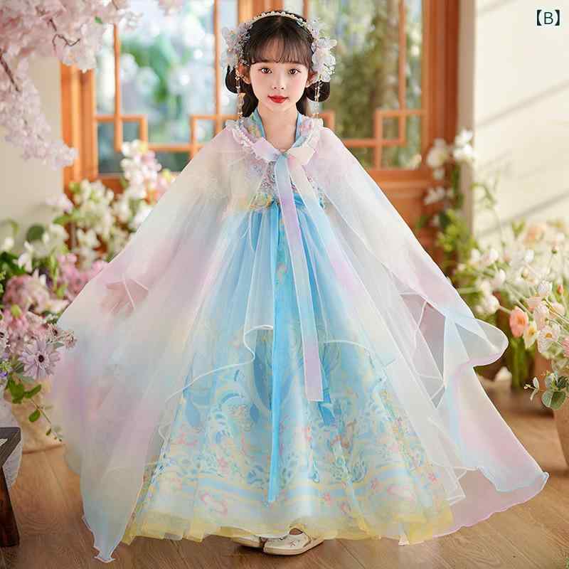 漢服 ワンピース 女の子 子供 キッズ ジュニア 古風 華やか 再生繊維 シフォン素材 かわいい 古典衣装 唐装 民族衣装 チャイナドレス おしゃれ 花柄 通年