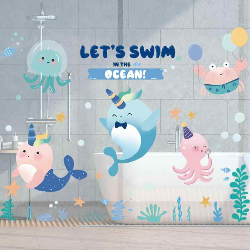 ウォールシール キッズ 子供 防水 自己粘着 貼ってはがせる 賃貸OK かわいい おしゃれ カートゥーン クジラ マリン柄 幼稚園 子供部屋 浴室 トイレ リビング 寝室 窓ガラス用 壁飾り インテリア DIY リメイク PVC製 簡単手軽