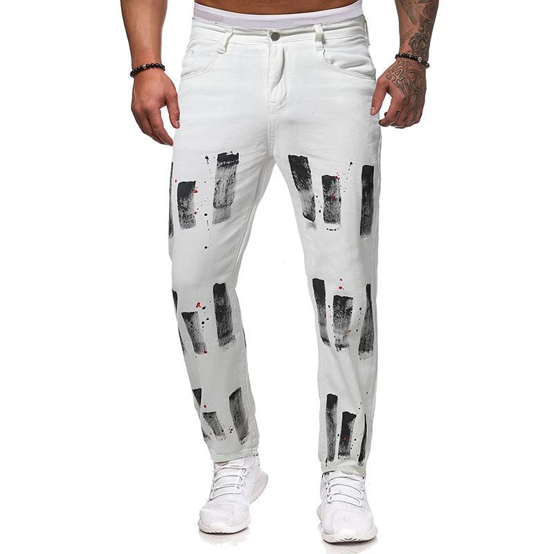 デニムパンツ メンズ グラフィティ ビッグサイズ ストレートシルエット ミドルウエスト ストレッチ 軽量 ウォッシュ加工 個性的 カジュアル ロングパンツ スポーツ