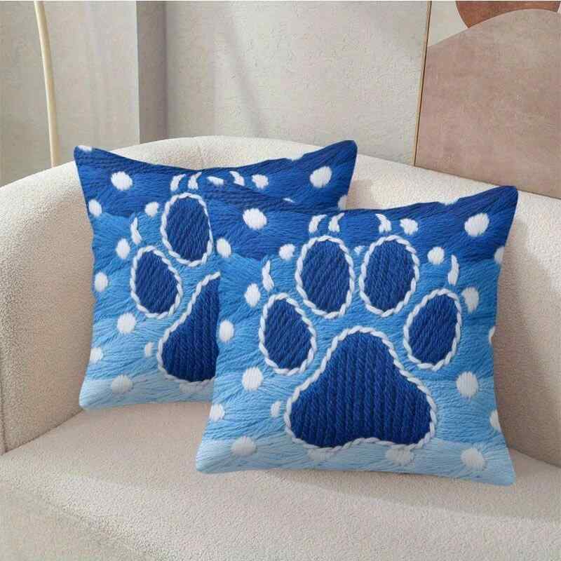 Low Rebound Cushions - クッションカバー ポリエステル製 45cm角 ブルー 足跡柄 ドット柄 刺繍風デザイン 片面プリント リビング ソファ用 モダン シンプル おしゃれ