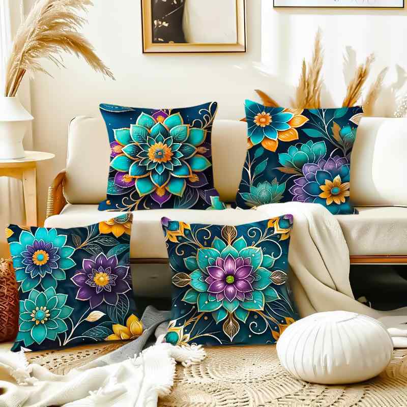 クッションカバー ボヘミアン 幾何学模様 花柄 マンダラ柄 パープル ティールブルー ポリエステル素材 45×45cm ソファ リビング 寝室 インテリア おしゃれ 模様替え