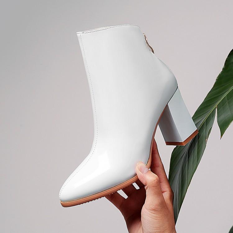 ショートブーツ レディース 透湿 滑り止め 保温 耐摩耗 エナメル 牛革 チャンキーヒール 太ヒール 高ヒ..