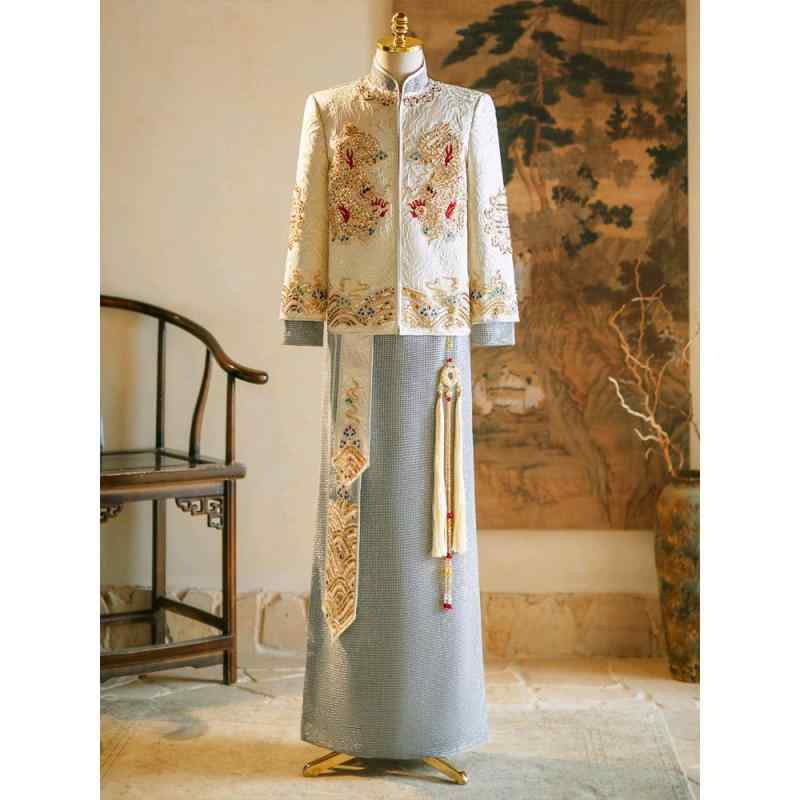 結婚式 礼服 メンズ 新郎用 唐装 龍鳳柄 秀禾服 豪華 刺繍 高級感 春夏 中華風 披露宴衣装 迎賓服 レトロ 男性用