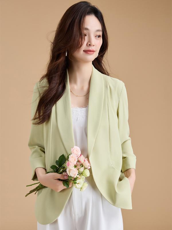 テーラードジャケット レディース 軽量 薄手 ドレープ感 通気性 七分袖 ショールカラー ショート丈 ゆったり 羽織り オフィス 通勤 ビ..