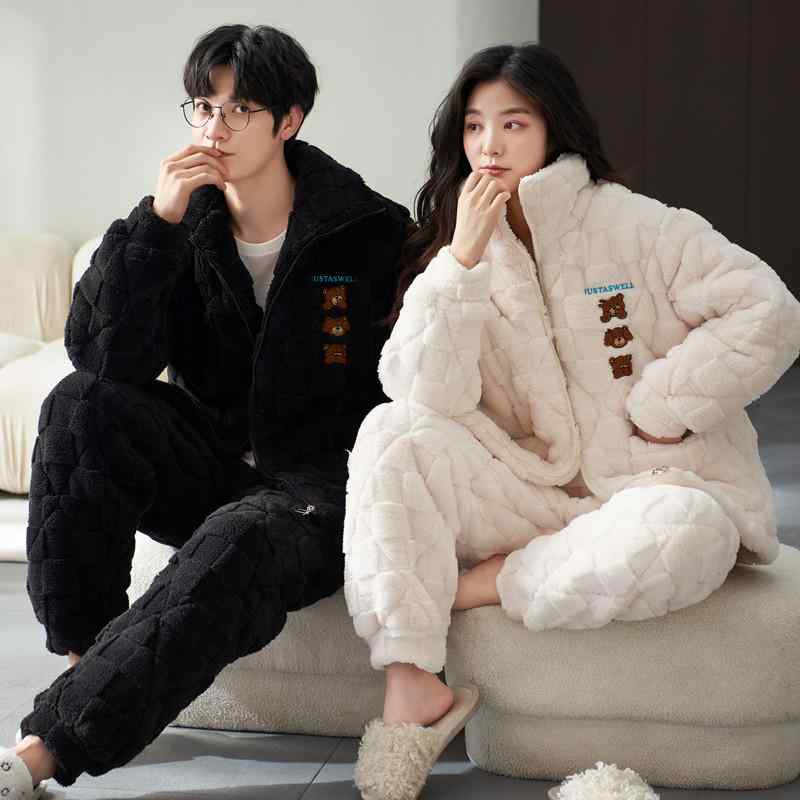 パジャマ レディース メンズ ペア カップル 裏起毛 超厚手 3層構造 立ち襟 長袖 長ズボン サンゴフリー..