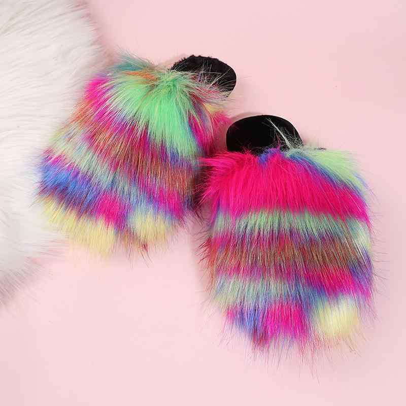 スリッパ レディース フォックスファー風 フェイクファー 厚手 あったか 保温 秋冬 配色デザイン 室内履き 外履き 兼用 ルームシューズ フラット底 つま先保護 長毛ボア TPRソール