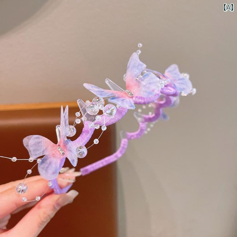 ・カテゴリ: ヘアアクセサリー・主な素材: 布・スタイル: 田園・モチーフ: 蝶・カラー展開: 紫、ピンク、青・対象: 子供