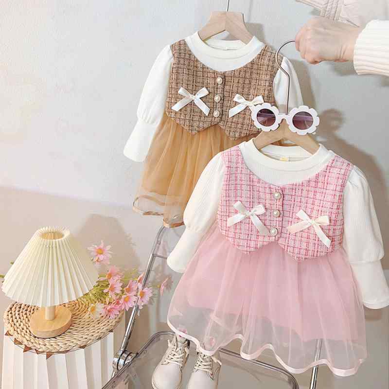 ・スタイル: プリンセス・カテゴリ: ワンピース・主な素材: 綿80%・性別: 女の子用・対象年齢: 1～3歳・柄: チェック・袖丈: 長袖・スカートシルエット: Aライン・ディテール: チュール・カラー展開: ピンク、ブラウン・サイズ展開: M, L, XL, XXL