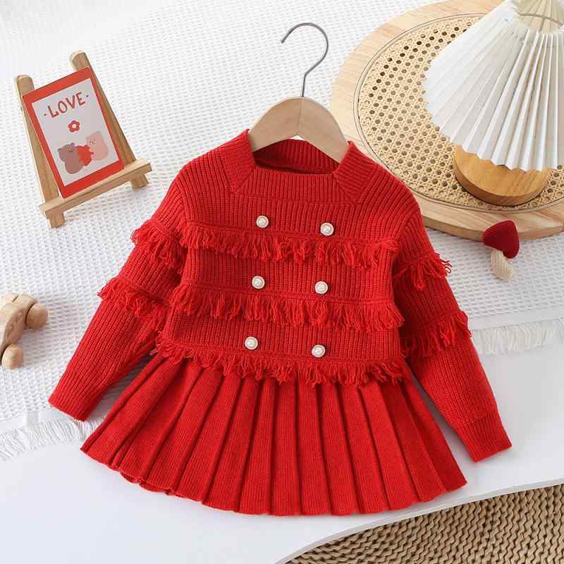 Knit Set for Girls - Kids' Clothing: Crew Neck, Fringe, Long Sleeve Pullover (2-piece set), Korean Style, Stylish, Cute, Soft Material, Warm, Autumn/Winter, Ages 3, 4, 5, 6, 7, 8, Everyday Wear, Outings, Kindergarten, School