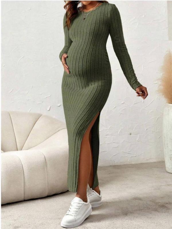 ワンピース レディース 妊婦 授乳服 マタニティウェア 長袖 ロンT マタニティワンピース リブ ニット ロング丈 大開襟 スリット 無地 タイト 伸縮性 部屋着 カジュアル 春秋