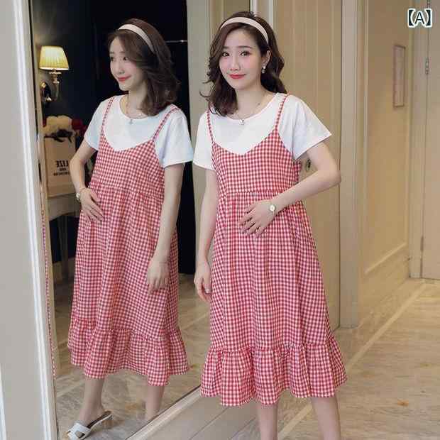 ワンピース レディース 妊婦服 授乳服 マタニティウェア 半袖 夏 膝丈 格子柄 フェ...