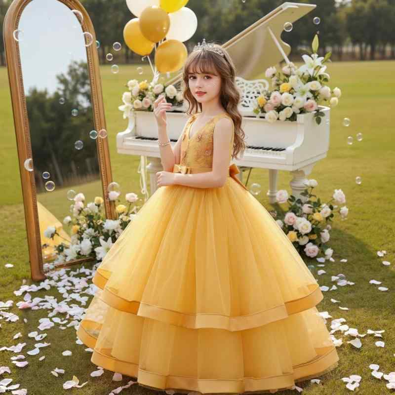 キッズ 女の子 ガールズ 欧米風 フォーマル プリンセス ふわふわ チュール 発表会 演奏会 結婚式 ウェディング 誕生日 記念撮影 秋冬 サテン ポリエステル ロングドレス