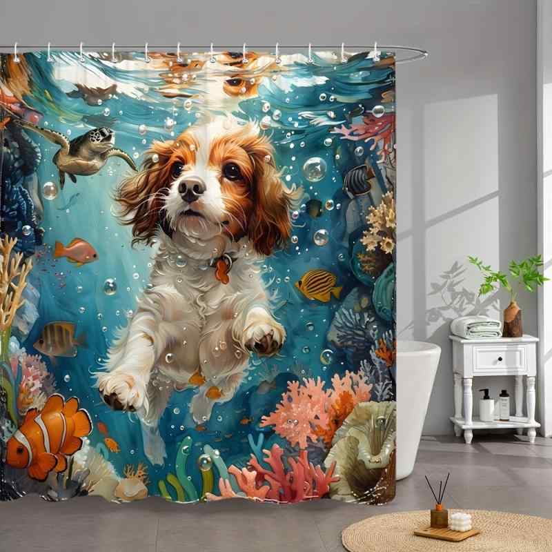 シャワーカーテン 防水 防カビ 泳ぐ子犬 海底世界柄 かわいい おしゃれ バスルーム お風呂 インテリア ポリエステル製 モダン シンプル
