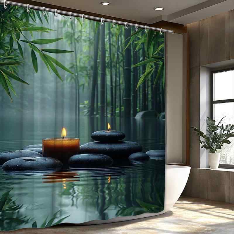 Shower Curtains - シャワーカーテン 静かな竹林柄 ポリエステル 防水 防カビ 撥水 モダン シンプル 和風 おしゃれ 花柄 サイズ豊富 賃貸 バスルーム お風呂 浴室 脱衣所 間仕切り 目隠し 癒し空間