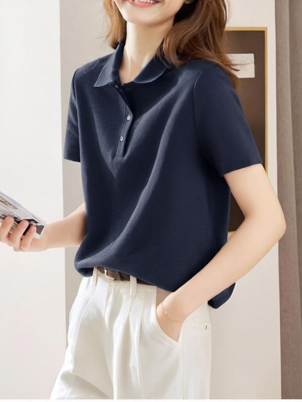 Polo Shirt - シャツ レディース 半袖 ポロ襟 ゆったり ルーズフィット 春夏 韓国ファッション カジュアル 通勤 オフィス きれいめ 綿混 若見え 着回し