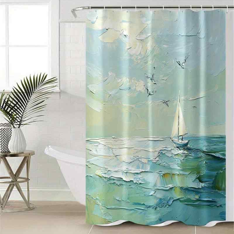 Shower Curtains - シャワーカーテン 浴室用 帆船 カモメ柄 マリン柄 撥水加工 ポリエステル製 速乾 防カビ フック付き モダン シンプル おしゃれ バス用品 インテリア 目隠し 間仕切り