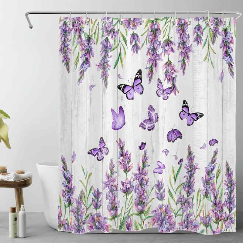 Shower Curtains - シャワーカーテン 紫色 花柄 ラベンダー 蝶々 植物 デザイン 撥水加工 速乾 防カビ ポリエステル製 目隠し 間仕切り おしゃれ モダン 浴室 バスルーム お風呂用 フック付き 洗える
