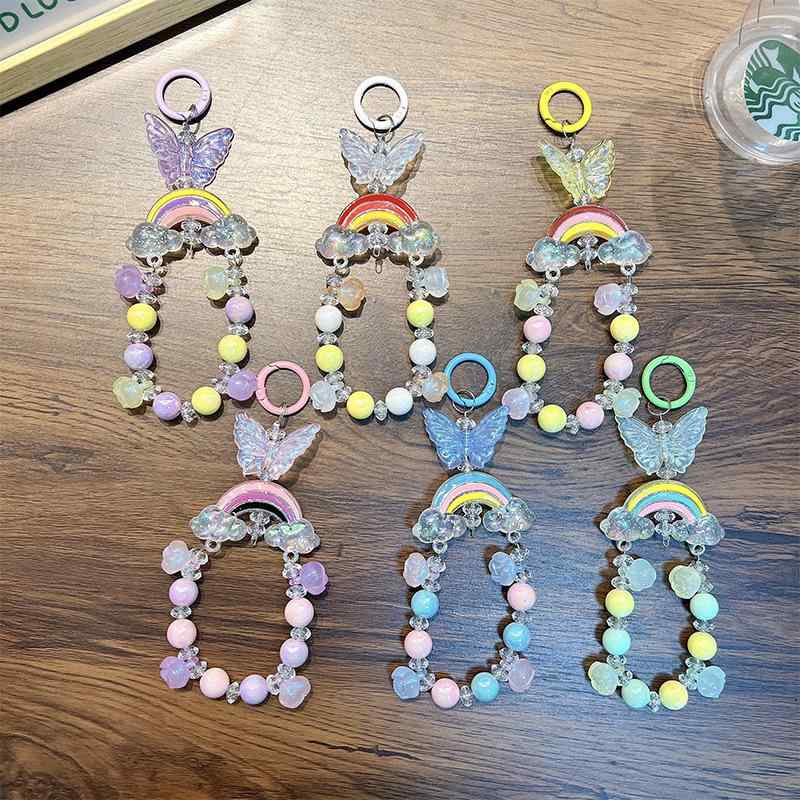 スマホストラップ ペア カップル ビーズ レインボー キーホルダー キーリング バッグチャーム かわいい おしゃれ アクリル製 車 携帯用