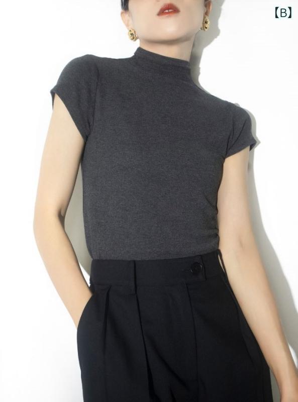 セキュアデポのTシャツ レディース 春夏 半袖 ニット ハイネック 薄手 接触冷感 吸汗速乾 伸縮 軽量 無地 ボトルネック カットソー トップス 通勤 通学 部屋着 快適 カジュアル 普段着 おしゃれ 10代 20代 30代 40代 ブラック｜アングル2