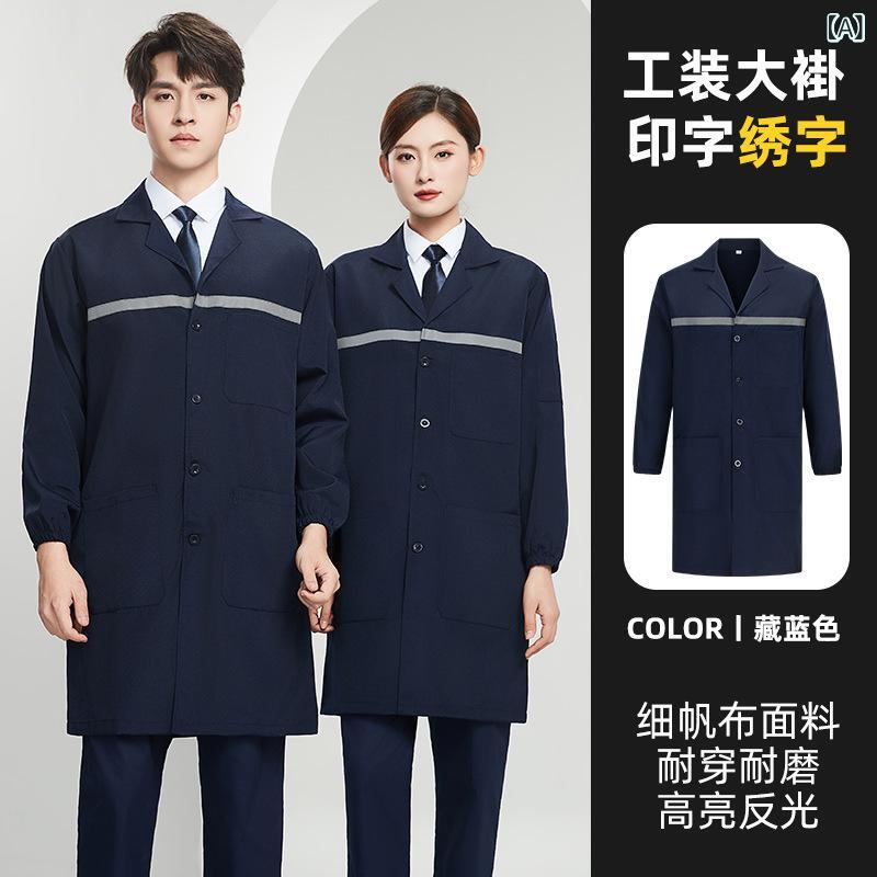 セキュアデポの作業服 コート 男女兼用 丈夫 帆布 反射テープ付き 撥油 防汚 工場 作業場用 細帆布 ポリエステル 長袖 ロング丈 襟付き｜アングル2