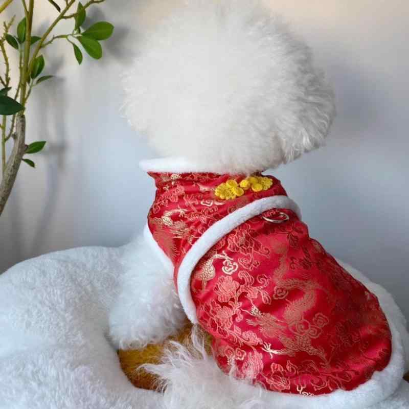 ペット服 小型犬 子犬 パピー 秋冬 お正月服 新年 縁起物 華やか 赤 唐装 チャイナ服 中華風 ベスト 裏起毛 暖かい ビションフリーゼ トイプードル ポメラニアン