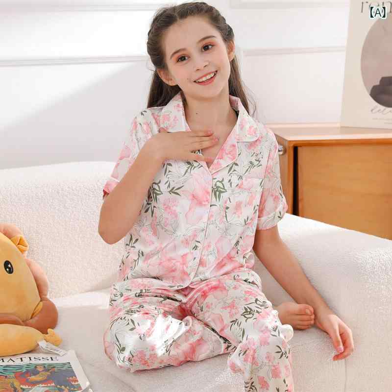 パジャマ 女の子 ガールズ キッズ ジュニア 接触冷感 薄手 シルク調 ポリエステル 開襟 前開き 半袖 ルームウェア 部屋着 花柄 総柄 プリント かわいい カジュアル 130cm 140cm 150cm 160cm 春夏 — vista 2