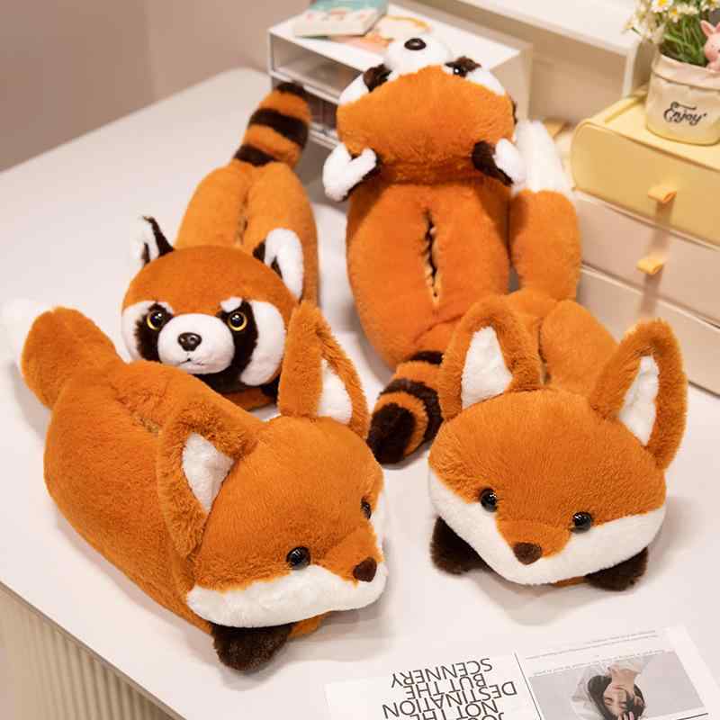 ルームシューズ レディース メンズ あったか 保温 厚底 かわいい キツネ レッサーパンダ もこもこ フェイクファー 室内履き スリッパ かかと付き つま先カバー