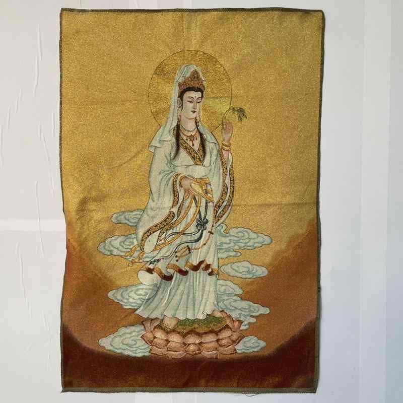 工芸画 刺繍 タンカ 千手観音 人物画 布製 錦織 金糸使用 アンティーク レトロ調 リビング インテリア タペストリー 掛け軸 フレームなし 60×90cm