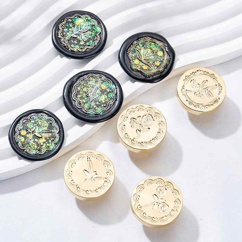 Seal Cases - シーリングスタンプ ヘッド 真鍮製 オリジナル 植物シリーズ 平面彫刻 ボタニカルデザイン 円形 手紙 招待状 ラッピング 封蝋 DIY ハンドメイド アンティーク調 花 草葉モチーフ