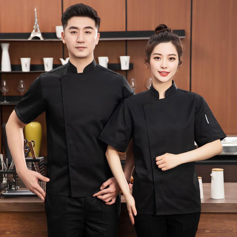 Other - コックコート シェフ服 ユニセックス 夏 吸汗速乾 通気性 半袖 厨房 飲食店 ホテル レストラン 制服 作業服 ワークウェア スタンドカラー ポリエステル混 綿 白 黒 グレー