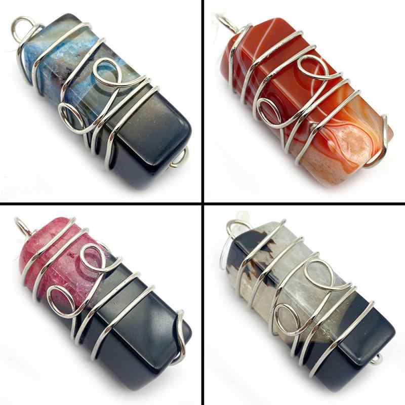 Mufflers - ペンダントトップ 天然石 メノウ ワイヤーラッピング 長方形型 マルチカラー ネックレスチャーム DIY ハンドメイド アクセサリーパーツ